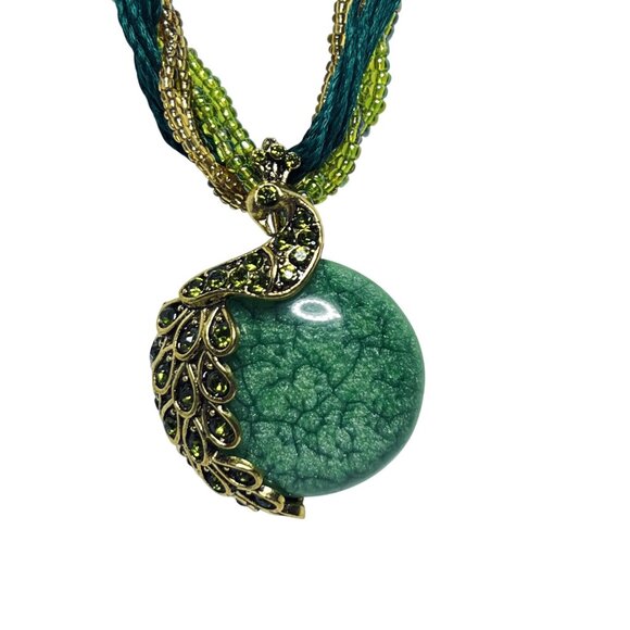 Multi Strand Green Seed Bead Necklace With Peacock Pendant (5889-1-2) - Picture 3 of 6